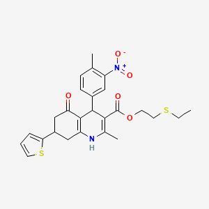 molecular formula C26H28N2O5S2 B11594290 2-(Ethylsulfanyl)ethyl 2-methyl-4-(4-methyl-3-nitrophenyl)-5-oxo-7-(thiophen-2-yl)-1,4,5,6,7,8-hexahydroquinoline-3-carboxylate 