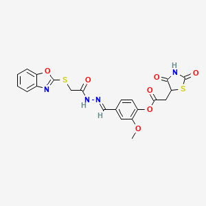 molecular formula C22H18N4O7S2 B11594702 4-[(E)-{2-[(1,3-benzoxazol-2-ylsulfanyl)acetyl]hydrazinylidene}methyl]-2-methoxyphenyl (2,4-dioxo-1,3-thiazolidin-5-yl)acetate 