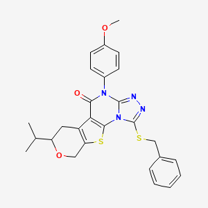 3-benzylsulfanyl-7-(4-methoxyphenyl)-12-propan-2-yl-13-oxa-16-thia-2,4,5,7-tetrazatetracyclo[7.7.0.02,6.010,15]hexadeca-1(9),3,5,10(15)-tetraen-8-one