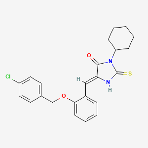 molecular formula C23H23ClN2O2S B11595083 (5Z)-5-{2-[(4-chlorobenzyl)oxy]benzylidene}-3-cyclohexyl-2-thioxoimidazolidin-4-one 