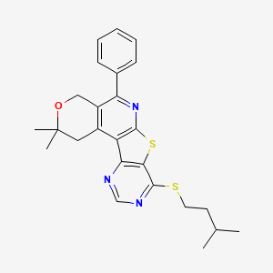 4,4-dimethyl-13-(3-methylbutylsulfanyl)-8-phenyl-5-oxa-11-thia-9,14,16-triazatetracyclo[8.7.0.02,7.012,17]heptadeca-1(10),2(7),8,12(17),13,15-hexaene