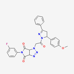 molecular formula C28H23FN6O4 B11595861 5-(3-fluorophenyl)-1-{2-[5-(4-methoxyphenyl)-3-phenyl-4,5-dihydro-1H-pyrazol-1-yl]-2-oxoethyl}-3a,6a-dihydropyrrolo[3,4-d][1,2,3]triazole-4,6(1H,5H)-dione 