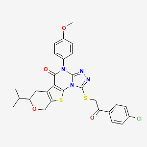 3-[2-(4-chlorophenyl)-2-oxoethyl]sulfanyl-7-(4-methoxyphenyl)-12-propan-2-yl-13-oxa-16-thia-2,4,5,7-tetrazatetracyclo[7.7.0.02,6.010,15]hexadeca-1(9),3,5,10(15)-tetraen-8-one