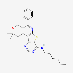 N-hexyl-4,4-dimethyl-8-phenyl-5-oxa-11-thia-9,14,16-triazatetracyclo[8.7.0.02,7.012,17]heptadeca-1(10),2(7),8,12(17),13,15-hexaen-13-amine