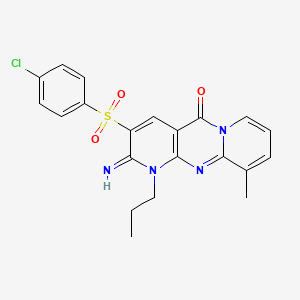 molecular formula C21H19ClN4O3S B11596198 5-(4-chlorophenyl)sulfonyl-6-imino-11-methyl-7-propyl-1,7,9-triazatricyclo[8.4.0.03,8]tetradeca-3(8),4,9,11,13-pentaen-2-one CAS No. 573694-78-7