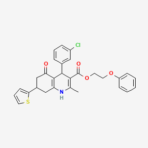 molecular formula C29H26ClNO4S B11596537 2-Phenoxyethyl 4-(3-chlorophenyl)-2-methyl-5-oxo-7-(thiophen-2-yl)-1,4,5,6,7,8-hexahydroquinoline-3-carboxylate 