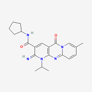 molecular formula C21H25N5O2 B11596662 N-cyclopentyl-6-imino-13-methyl-2-oxo-7-propan-2-yl-1,7,9-triazatricyclo[8.4.0.03,8]tetradeca-3(8),4,9,11,13-pentaene-5-carboxamide 