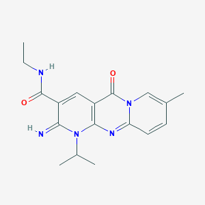 molecular formula C18H21N5O2 B11596725 N-ethyl-6-imino-13-methyl-2-oxo-7-(propan-2-yl)-1,7,9-triazatricyclo[8.4.0.0^{3,8}]tetradeca-3(8),4,9,11,13-pentaene-5-carboxamide 