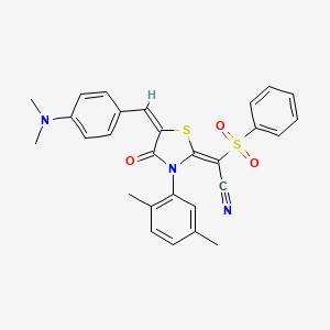 molecular formula C28H25N3O3S2 B11596992 (2Z)-[(5E)-5-[4-(dimethylamino)benzylidene]-3-(2,5-dimethylphenyl)-4-oxo-1,3-thiazolidin-2-ylidene](phenylsulfonyl)ethanenitrile 