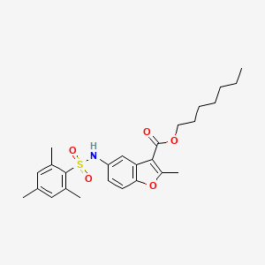 molecular formula C26H33NO5S B11597076 Heptyl 2-methyl-5-{[(2,4,6-trimethylphenyl)sulfonyl]amino}-1-benzofuran-3-carboxylate 