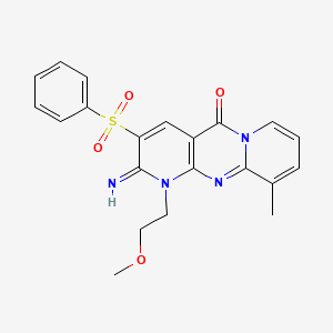 5-(benzenesulfonyl)-6-imino-7-(2-methoxyethyl)-11-methyl-1,7,9-triazatricyclo[8.4.0.03,8]tetradeca-3(8),4,9,11,13-pentaen-2-one