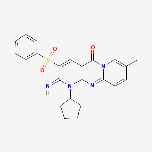 molecular formula C23H22N4O3S B11597176 5-(benzenesulfonyl)-7-cyclopentyl-6-imino-13-methyl-1,7,9-triazatricyclo[8.4.0.03,8]tetradeca-3(8),4,9,11,13-pentaen-2-one CAS No. 606954-62-5