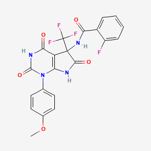 molecular formula C21H14F4N4O5 B11597462 2-fluoro-N-[4-hydroxy-1-(4-methoxyphenyl)-2,6-dioxo-5-(trifluoromethyl)-2,5,6,7-tetrahydro-1H-pyrrolo[2,3-d]pyrimidin-5-yl]benzamide 