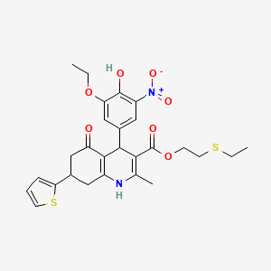 2-(Ethylsulfanyl)ethyl 4-(3-ethoxy-4-hydroxy-5-nitrophenyl)-2-methyl-5-oxo-7-(thiophen-2-yl)-1,4,5,6,7,8-hexahydroquinoline-3-carboxylate