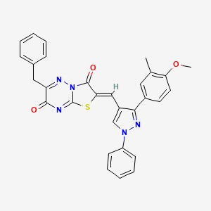 molecular formula C30H23N5O3S B11597501 (2Z)-6-benzyl-2-{[3-(4-methoxy-3-methylphenyl)-1-phenyl-1H-pyrazol-4-yl]methylidene}-7H-[1,3]thiazolo[3,2-b][1,2,4]triazine-3,7(2H)-dione 