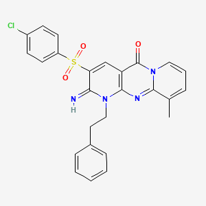 molecular formula C26H21ClN4O3S B11597683 5-(4-chlorophenyl)sulfonyl-6-imino-11-methyl-7-(2-phenylethyl)-1,7,9-triazatricyclo[8.4.0.03,8]tetradeca-3(8),4,9,11,13-pentaen-2-one 