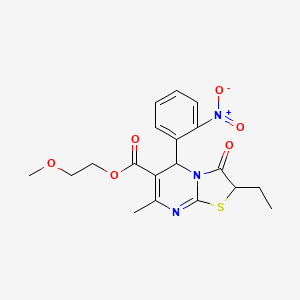 molecular formula C19H21N3O6S B11597784 2-methoxyethyl 2-ethyl-7-methyl-5-(2-nitrophenyl)-3-oxo-2,3-dihydro-5H-[1,3]thiazolo[3,2-a]pyrimidine-6-carboxylate 