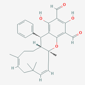 molecular formula C30H34O5 B1159794 (1R,4Z,8Z,11S,19R)-15,17-dihydroxy-4,7,7,11-tetramethyl-19-phenyl-12-oxatricyclo[9.8.0.013,18]nonadeca-4,8,13,15,17-pentaene-14,16-dicarbaldehyde CAS No. 1411629-26-9