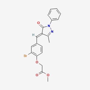 molecular formula C20H17BrN2O4 B11597945 methyl {2-bromo-4-[(E)-(3-methyl-5-oxo-1-phenyl-1,5-dihydro-4H-pyrazol-4-ylidene)methyl]phenoxy}acetate 