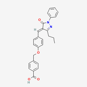 molecular formula C27H24N2O4 B11597981 4-({4-[(E)-(5-oxo-1-phenyl-3-propyl-1,5-dihydro-4H-pyrazol-4-ylidene)methyl]phenoxy}methyl)benzoic acid 