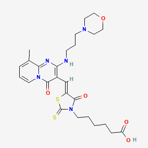 molecular formula C26H33N5O5S2 B11598267 6-{(5Z)-5-[(9-methyl-2-{[3-(4-morpholinyl)propyl]amino}-4-oxo-4H-pyrido[1,2-a]pyrimidin-3-yl)methylene]-4-oxo-2-thioxo-1,3-thiazolidin-3-yl}hexanoic acid 