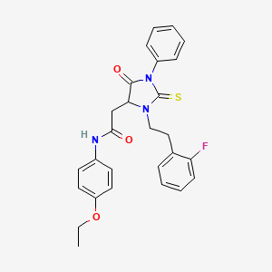 molecular formula C27H26FN3O3S B11598375 N-(4-ethoxyphenyl)-2-{3-[2-(2-fluorophenyl)ethyl]-5-oxo-1-phenyl-2-thioxoimidazolidin-4-yl}acetamide 