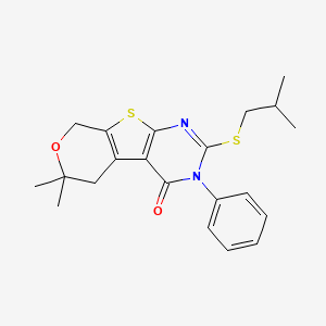 molecular formula C21H24N2O2S2 B11598411 12,12-dimethyl-5-(2-methylpropylsulfanyl)-4-phenyl-11-oxa-8-thia-4,6-diazatricyclo[7.4.0.02,7]trideca-1(9),2(7),5-trien-3-one 