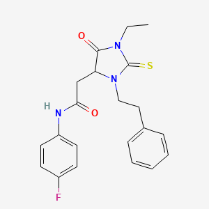 molecular formula C21H22FN3O2S B11598416 2-[1-ethyl-5-oxo-3-(2-phenylethyl)-2-thioxoimidazolidin-4-yl]-N-(4-fluorophenyl)acetamide 