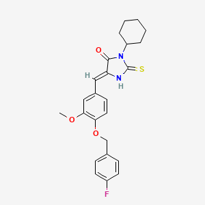 molecular formula C24H25FN2O3S B11598449 (5Z)-3-Cyclohexyl-5-({4-[(4-fluorophenyl)methoxy]-3-methoxyphenyl}methylidene)-2-sulfanylideneimidazolidin-4-one 