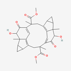 molecular formula C32H36O8 B1159935 Dimethyl 19,24-dihydroxy-2,8,12,18-tetramethyl-20,23-dioxoheptacyclo[12.6.2.28,11.04,9.05,7.015,17.018,22]tetracosa-1(21),4(9),10,14(22)-tetraene-2,12-dicarboxylate CAS No. 150033-85-5