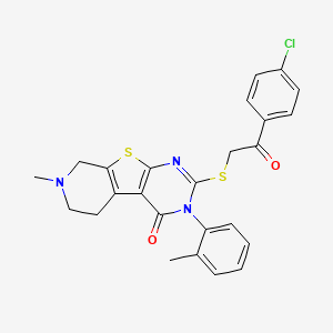 molecular formula C25H22ClN3O2S2 B11599522 5-[2-(4-chlorophenyl)-2-oxoethyl]sulfanyl-11-methyl-4-(2-methylphenyl)-8-thia-4,6,11-triazatricyclo[7.4.0.02,7]trideca-1(9),2(7),5-trien-3-one 