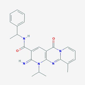 molecular formula C24H25N5O2 B11599576 6-imino-11-methyl-2-oxo-N-(1-phenylethyl)-7-propan-2-yl-1,7,9-triazatricyclo[8.4.0.03,8]tetradeca-3(8),4,9,11,13-pentaene-5-carboxamide 