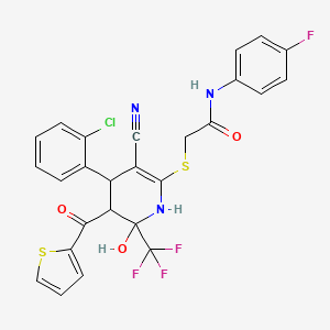 2-{[4-(2-chlorophenyl)-3-cyano-6-hydroxy-5-(thiophen-2-ylcarbonyl)-6-(trifluoromethyl)-1,4,5,6-tetrahydropyridin-2-yl]sulfanyl}-N-(4-fluorophenyl)acetamide