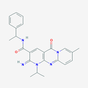 molecular formula C24H25N5O2 B11600374 6-imino-13-methyl-2-oxo-N-(1-phenylethyl)-7-propan-2-yl-1,7,9-triazatricyclo[8.4.0.03,8]tetradeca-3(8),4,9,11,13-pentaene-5-carboxamide 