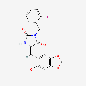 molecular formula C19H15FN2O5 B11601547 (5E)-3-(2-fluorobenzyl)-5-[(6-methoxy-1,3-benzodioxol-5-yl)methylidene]imidazolidine-2,4-dione 