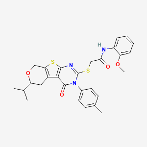 N-(2-methoxyphenyl)-2-[[4-(4-methylphenyl)-3-oxo-12-propan-2-yl-11-oxa-8-thia-4,6-diazatricyclo[7.4.0.02,7]trideca-1(9),2(7),5-trien-5-yl]sulfanyl]acetamide