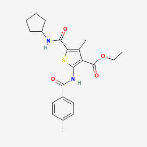 molecular formula C22H26N2O4S B11601957 Ethyl 5-(cyclopentylcarbamoyl)-4-methyl-2-{[(4-methylphenyl)carbonyl]amino}thiophene-3-carboxylate 