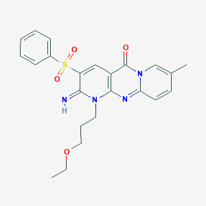 molecular formula C23H24N4O4S B11601994 5-(benzenesulfonyl)-7-(3-ethoxypropyl)-6-imino-13-methyl-1,7,9-triazatricyclo[8.4.0.03,8]tetradeca-3(8),4,9,11,13-pentaen-2-one 