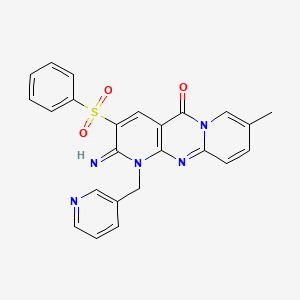 molecular formula C24H19N5O3S B11602040 5-(benzenesulfonyl)-6-imino-13-methyl-7-(pyridin-3-ylmethyl)-1,7,9-triazatricyclo[8.4.0.03,8]tetradeca-3(8),4,9,11,13-pentaen-2-one 