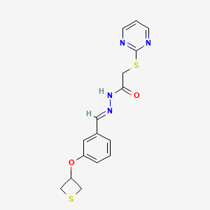 molecular formula C16H16N4O2S2 B11602058 2-(pyrimidin-2-ylthio)-N'-{(1E)-[3-(thietan-3-yloxy)phenyl]methylene}acetohydrazide 