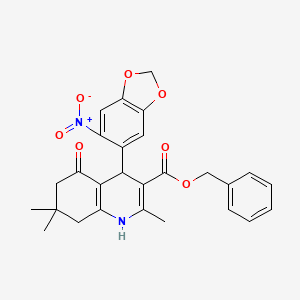 molecular formula C27H26N2O7 B11602232 Benzyl 2,7,7-trimethyl-4-(6-nitro-1,3-benzodioxol-5-yl)-5-oxo-1,4,5,6,7,8-hexahydroquinoline-3-carboxylate 