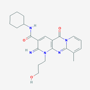 molecular formula C22H27N5O3 B11602609 N-cyclohexyl-7-(3-hydroxypropyl)-6-imino-11-methyl-2-oxo-1,7,9-triazatricyclo[8.4.0.0^{3,8}]tetradeca-3(8),4,9,11,13-pentaene-5-carboxamide 