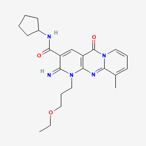 molecular formula C23H29N5O3 B11604320 N-cyclopentyl-7-(3-ethoxypropyl)-6-imino-11-methyl-2-oxo-1,7,9-triazatricyclo[8.4.0.03,8]tetradeca-3(8),4,9,11,13-pentaene-5-carboxamide 