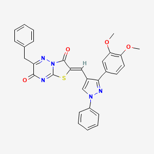 molecular formula C30H23N5O4S B11604802 (2Z)-6-benzyl-2-{[3-(3,4-dimethoxyphenyl)-1-phenyl-1H-pyrazol-4-yl]methylidene}-7H-[1,3]thiazolo[3,2-b][1,2,4]triazine-3,7(2H)-dione 