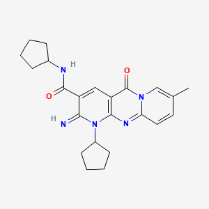 molecular formula C23H27N5O2 B11605365 N,7-dicyclopentyl-6-imino-13-methyl-2-oxo-1,7,9-triazatricyclo[8.4.0.03,8]tetradeca-3(8),4,9,11,13-pentaene-5-carboxamide 