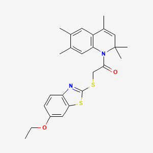 molecular formula C25H28N2O2S2 B11605835 2-[(6-Ethoxy-1,3-benzothiazol-2-yl)sulfanyl]-1-(2,2,4,6,7-pentamethylquinolin-1-yl)ethanone 