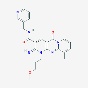 molecular formula C23H24N6O3 B11605846 6-imino-7-(3-methoxypropyl)-11-methyl-2-oxo-N-(pyridin-3-ylmethyl)-1,7,9-triazatricyclo[8.4.0.03,8]tetradeca-3(8),4,9,11,13-pentaene-5-carboxamide 