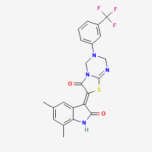 (7Z)-7-(5,7-dimethyl-2-oxo-1,2-dihydro-3H-indol-3-ylidene)-3-[3-(trifluoromethyl)phenyl]-3,4-dihydro-2H-[1,3]thiazolo[3,2-a][1,3,5]triazin-6(7H)-one