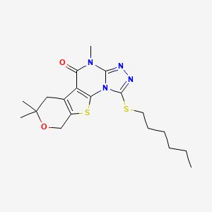 3-hexylsulfanyl-7,12,12-trimethyl-13-oxa-16-thia-2,4,5,7-tetrazatetracyclo[7.7.0.02,6.010,15]hexadeca-1(9),3,5,10(15)-tetraen-8-one