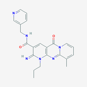 molecular formula C22H22N6O2 B11606566 6-imino-11-methyl-2-oxo-7-propyl-N-(pyridin-3-ylmethyl)-1,7,9-triazatricyclo[8.4.0.03,8]tetradeca-3(8),4,9,11,13-pentaene-5-carboxamide 